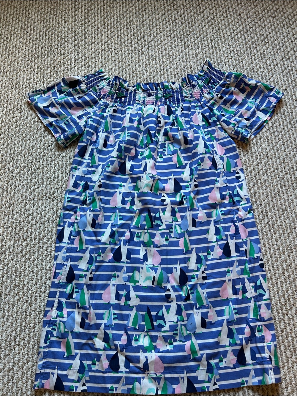 Women’s Blue Stripe Off-Shoulder Sailboat Print Dress